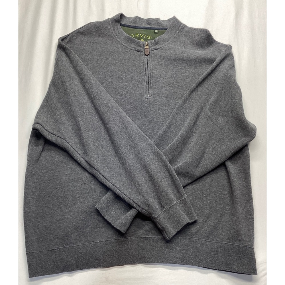 Orvis Mens XXL Gray 100% Cotton Quarter Zip Pullover Sweater Mock Neck 1112
